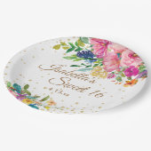 Rosa Blau Gelbe Blüte Süße 16 Geburtsname Pappteller (Schrägansicht)