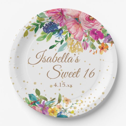 Rosa Blau Gelbe Blüte Süße 16 Geburtsname Pappteller (Vorderseite)