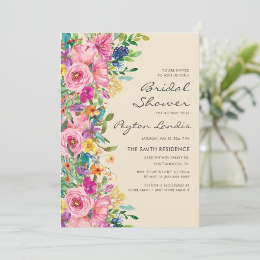 Rosa Blau Gelbe Wildblumen Brautparty Einladung (Stehend Vorderseite)