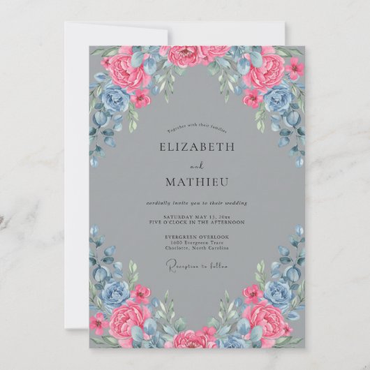 Rosa Blau Gemalte Hochzeit Einladung (Vorderseite)