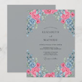 Rosa Blau Gemalte Hochzeit Einladung (Vorne/Hinten)