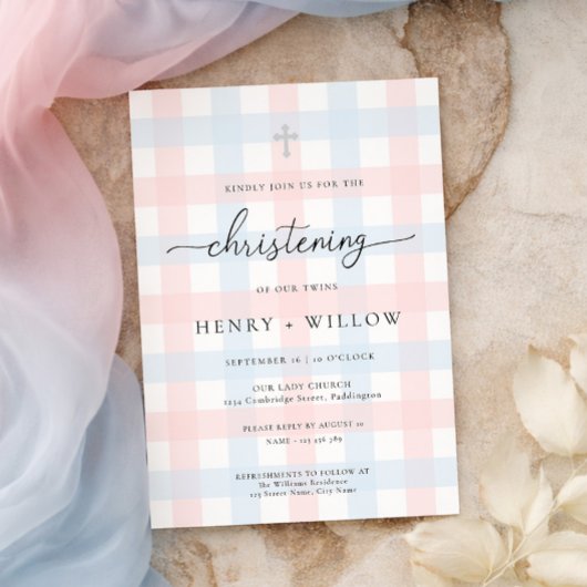 Rosa Blau Gingham Taufkleidchen Einladung