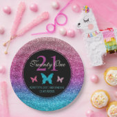 Rosa & Blau Gradient Glitzer & Butterfly Geburtsta Pappteller (Party)