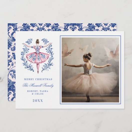 Rosa & Blau Grandmillennial Damask Foto Einladung (Vorne/Hinten)