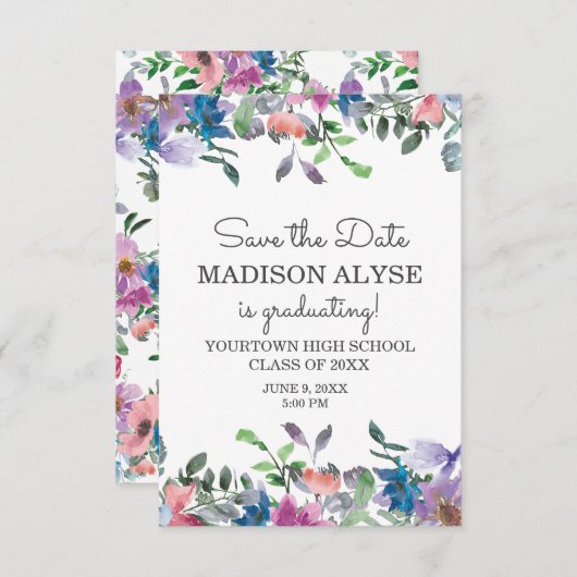 Rosa Blau Lila blühender Abschluss Rett Einladung (Vorne/Hinten)