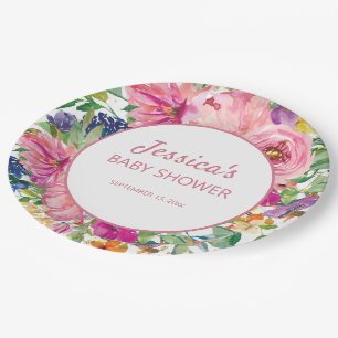 Rosa Blau Lila Blumen Weiß Gold Babyparty Pappteller