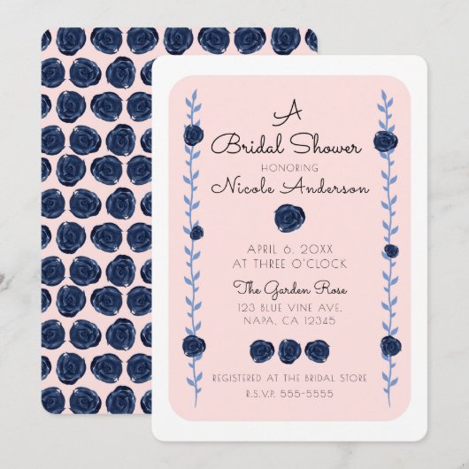 Rosa Blau Rose Hütte Brautparty Einladung (Vorne/Hinten)