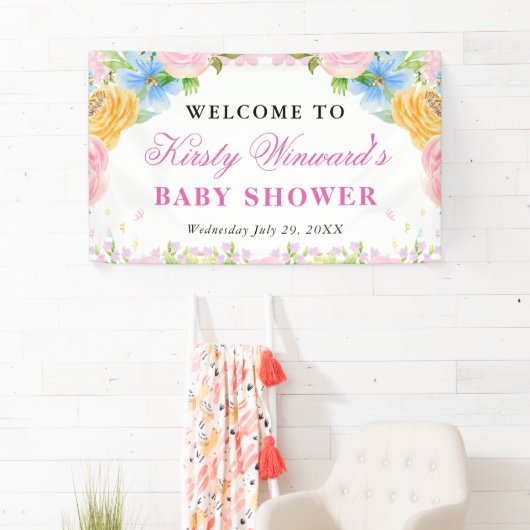Rosa, Blau und Gelb Sommerdusche Blume Baby Dusche Banner (Insitu)