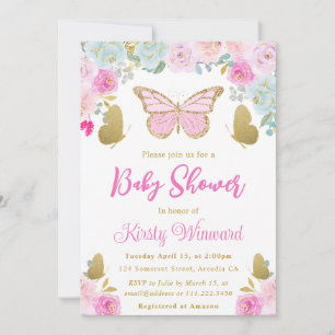 Rosa. Blau und Gold Blumen Schmetterling Baby Show Einladung