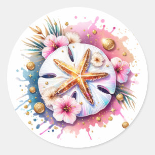 Rosa, Blau und Gold Coastal Sand Dollar Beachy Runder Aufkleber