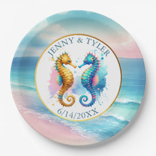 Rosa, Blau und Gold Küsten Sanddollar Strandlebens Pappteller