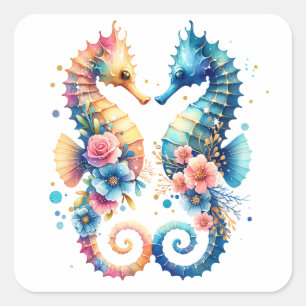 Rosa, Blau und Gold Küsten-Seepferdchen Strand Quadratischer Aufkleber