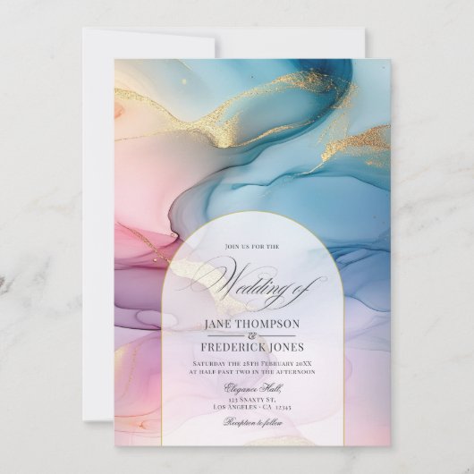 Rosa, blau und goldfarbener Alkohol Tinte Elegance Einladung (Vorderseite)