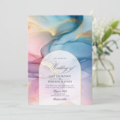 Rosa, blau und goldfarbener Alkohol Tinte Elegance Einladung (Stehend Vorderseite)