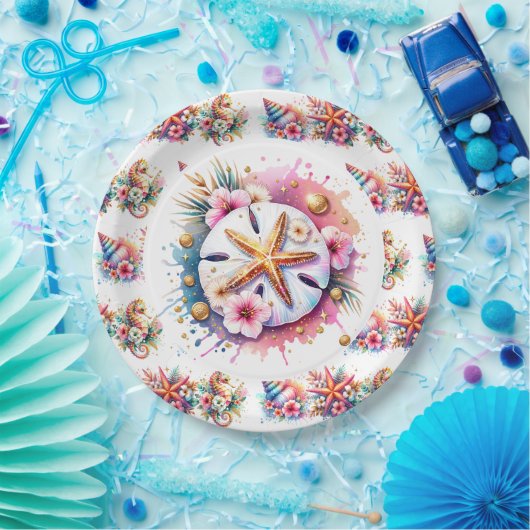 Rosa, blau und goldfarbener Sandstrand Pappteller (Party)