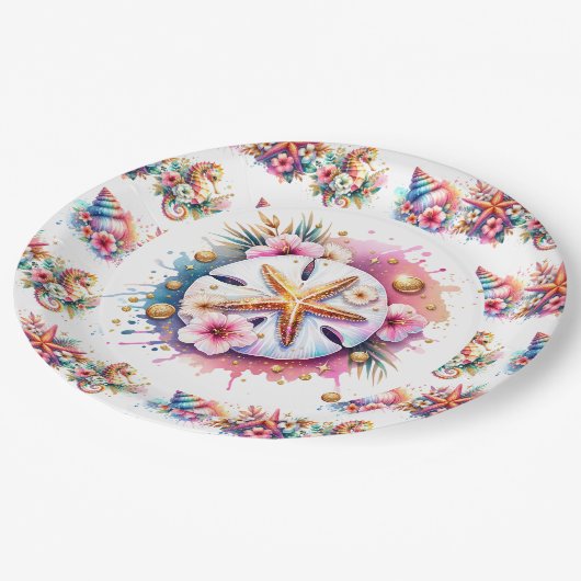 Rosa, blau und goldfarbener Sandstrand Pappteller (Schrägansicht)