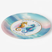 Rosa, blau und goldfarbener Sandstrand Pappteller (Schrägansicht)