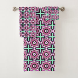 Rosa, blau und schwarzes geometrisches Muster Hand Badhandtuch Set