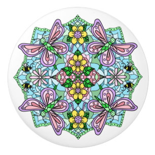 Rosa, blau, violette Schmetterlinge, Blume Mandala Keramikknauf