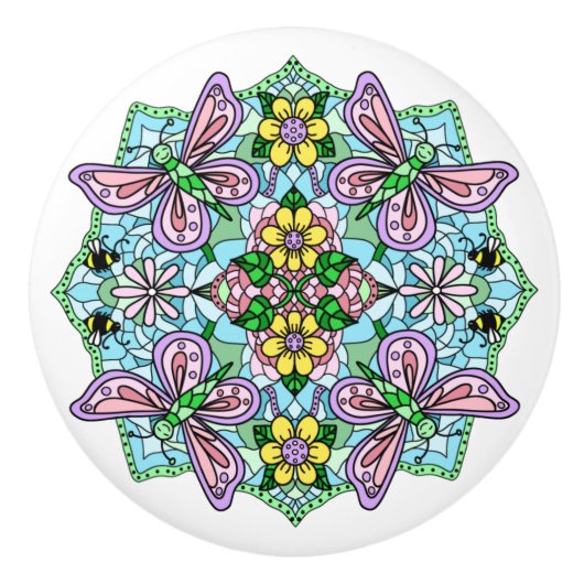 Rosa, blau, violette Schmetterlinge, Blume Mandala Keramikknauf (Vorderseite)