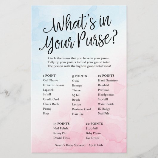 Rosa/blau Was ist in Ihrer Geldbörse, Spielkarte a Flyer (Vorne)