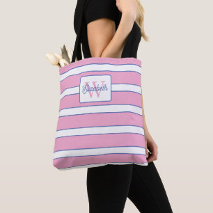 Rosa-blau-weiß gestreiftes Monogramm im Prep-Stil Tasche