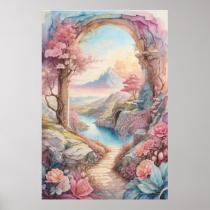 Rosa blaue Aquarell-Fantasielandschaft Poster