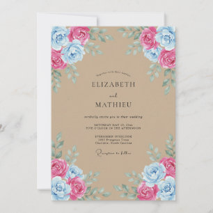 Rosa Blaue Aquarell-Rustikale Hochzeit Einladung