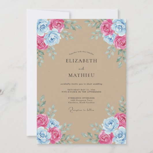 Rosa Blaue Aquarell-Rustikale Hochzeit Einladung (Vorderseite)