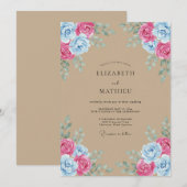 Rosa Blaue Aquarell-Rustikale Hochzeit Einladung (Vorne/Hinten)