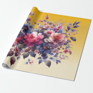 Rosa blaue Aquarellfarben Abstrakte Blume Gold Geschenkpapier