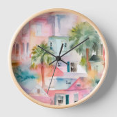 Rosa blaue Aquarellhäuser tropische Palmen Uhr (Vorderseite)