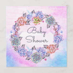 Rosa blaue Aquarellsucculents-Kranz-Babyparty Einladung