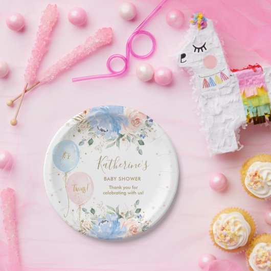 Rosa blaue Balloons Blüte Es ist Twins Baby Dusche Pappteller (Party)