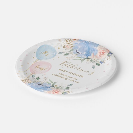 Rosa blaue Balloons Blüte Es ist Twins Baby Dusche Pappteller (Schrägansicht)