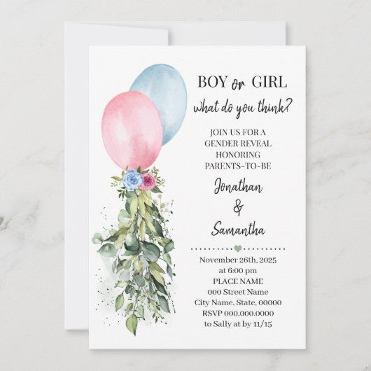 Rosa blaue Balloons Eukalyptus Einladung (Vorderseite)