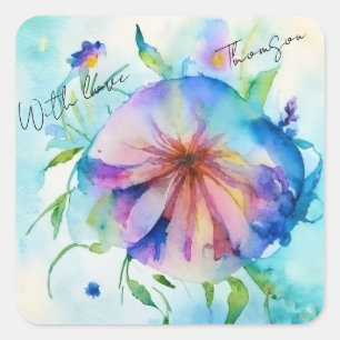 Rosa, blaue Bindweed-Blume, Aquarellfarbe, Quadratischer Aufkleber