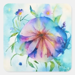 Rosa, blaue Bindweed-Blume, Aquarellfarbe, Quadratischer Aufkleber