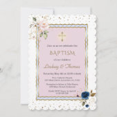 Rosa blaue Blume Cross Twins Taufe Einladung (Vorderseite)