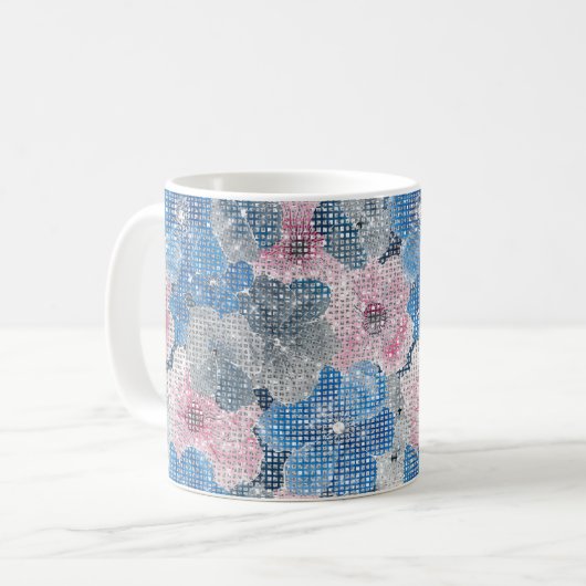 Rosa blaue Blumen funkeln Kaffeetasse (Vorderseite Links)