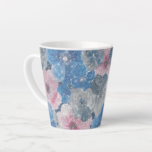 Rosa blaue Blumen funkeln Milchtasse (Linke Ecke)