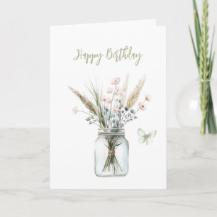 Rosa blaue Blumen im Glas Schmetterling Geburtstag Karte