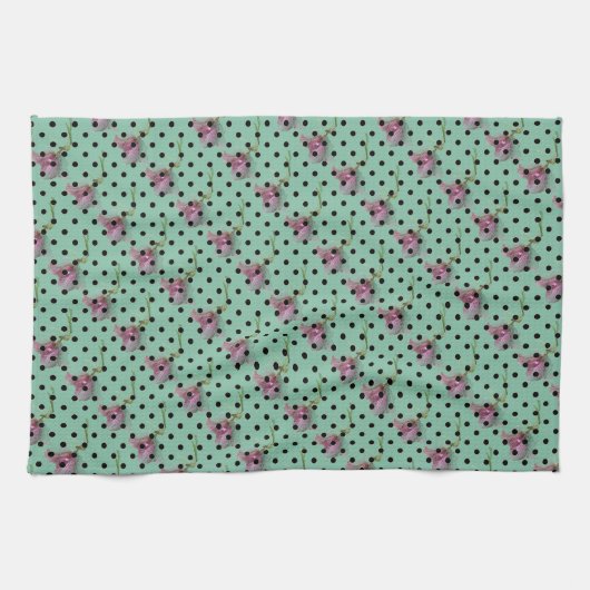 Rosa blaue Blumen und schwarze Polka-Punkte Geschirrtuch (Horizontal)