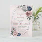 Rosa blaue Blumengrün geometrische Hochzeit Einladung (Stehend Vorderseite)