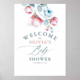 Rosa blaue Blüte Elegante Babydusche Empfang Poster