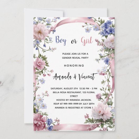 Rosa blaue Blütenblätter Junge oder Mädchen Einladung (Vorderseite)
