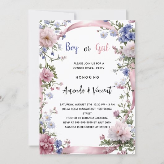 Rosa blaue Blütenblätter Junge oder Mädchen Einladung (Vorderseite)