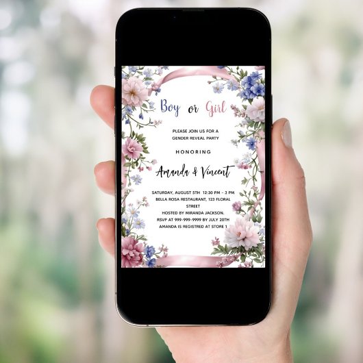 Rosa blaue Blütenblätter Junge oder Mädchen Einladung