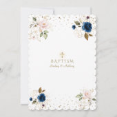 Rosa blaue Blütenblume Gold Cross Twins Taufe Einladung (Rückseite)