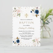 Rosa blaue Blütenblume Gold Cross Twins Taufe Einladung (Stehend Vorderseite)